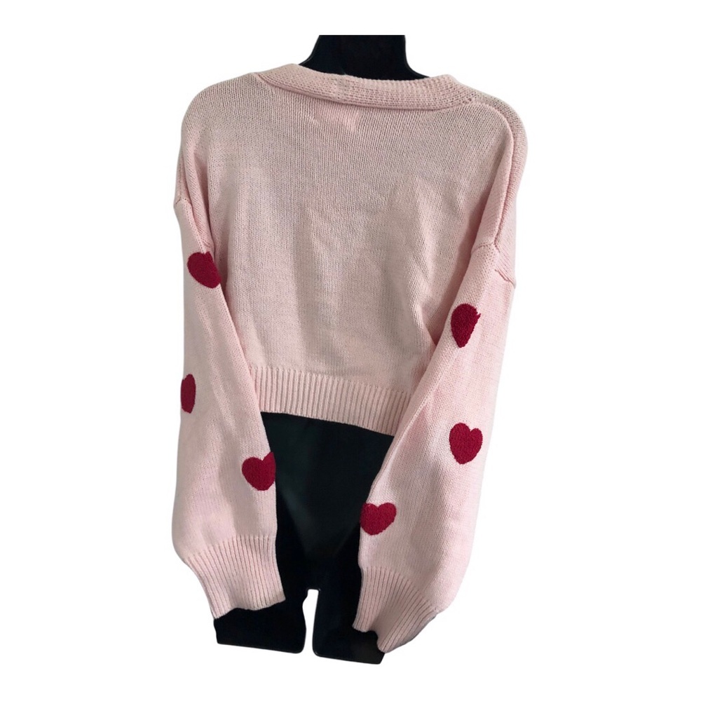 Jessica Simpson tufted embroidered red hearts cropped pink cardigan size XL new‎ - Picture 7 of 12